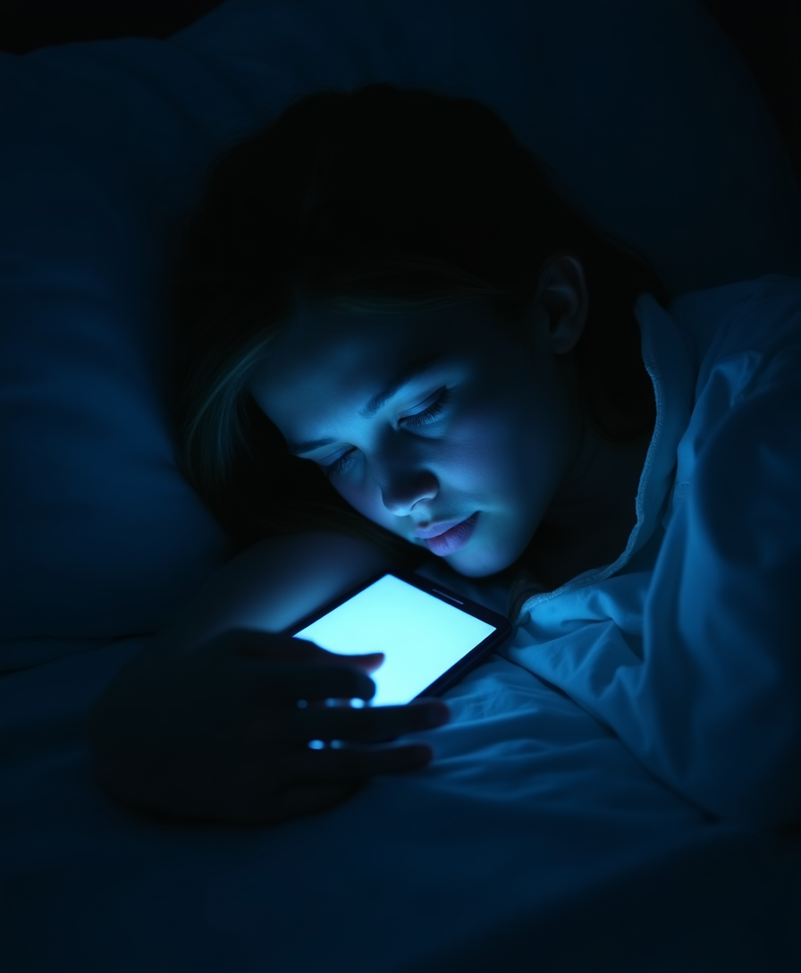 A phone glowing in a dark bedroom at night